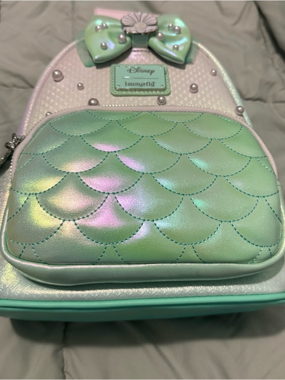 Loungefly Iridescent Mint Green Mermaid-Scale Mini Backpack with Pearl Bow